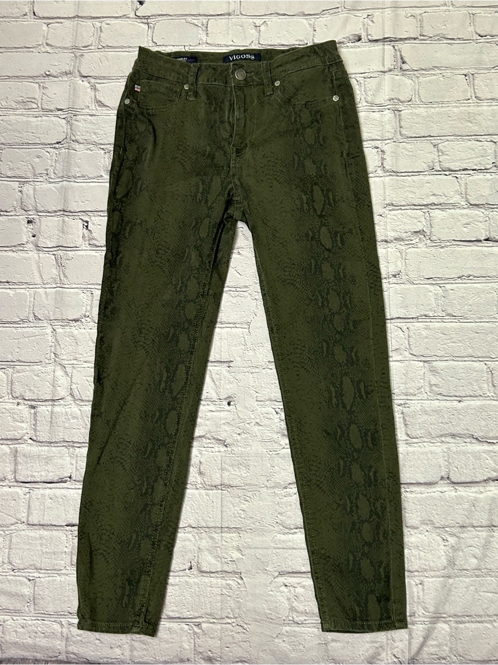Vigoss Olive Green Snake-Print Skinny Jeans